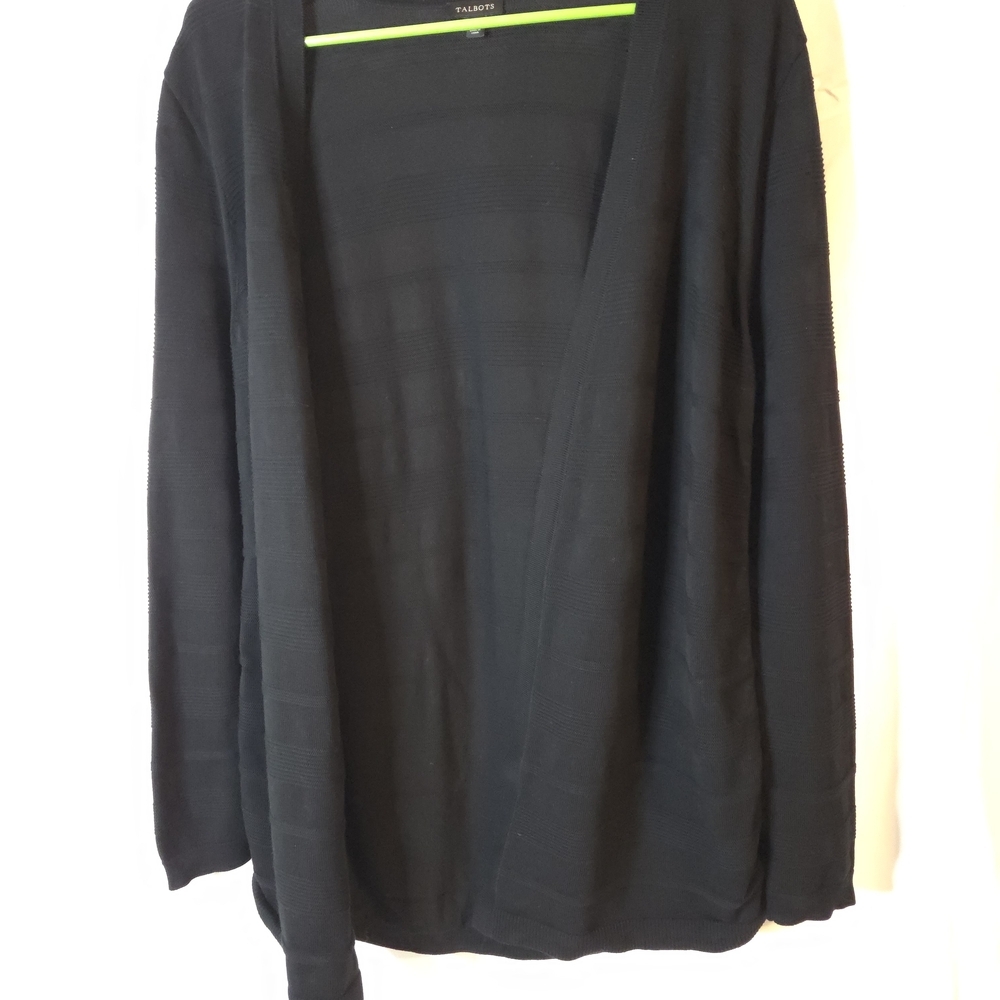 Talbots Black Striped Ribbed Cotton Blend Open Front Cardigan Size L